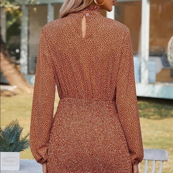 Brown Rust Neckline Lantern Sleeve Mini Dress - Picture 5 of 5